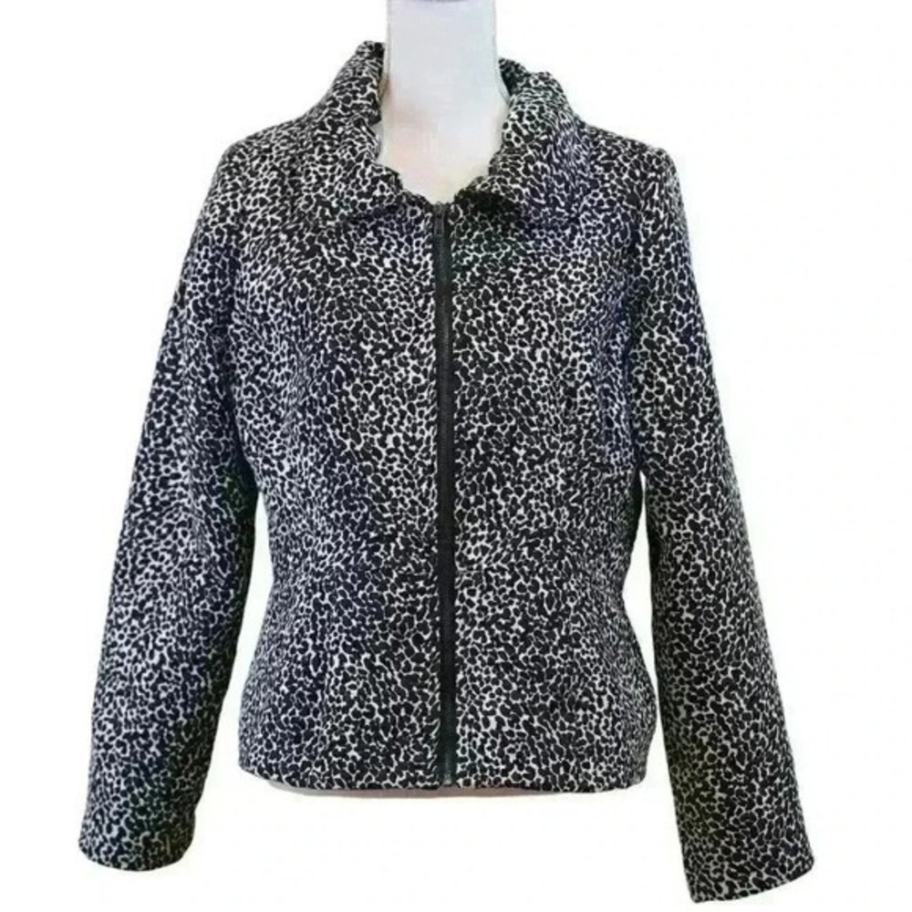 Zoe D Black White Animal Print Coat Ruffled Collar Size Large